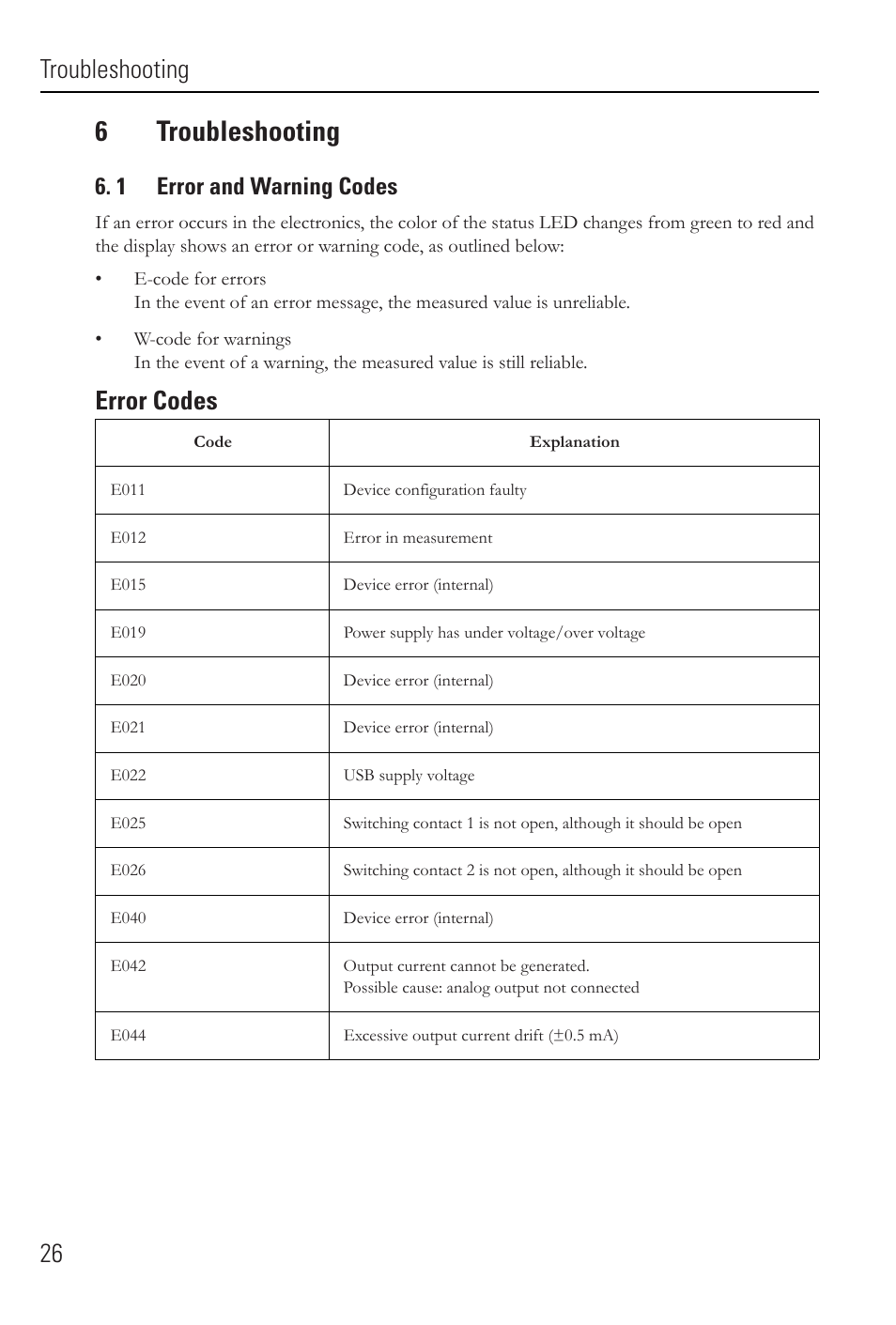 6troubleshooting, Troubleshooting 26, Error codes | 1 error and warning codes | Rockwell Automation 836E Solid-State Pressure Sensors User Manual | Page 26 / 32