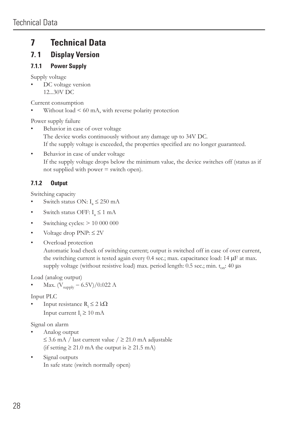 7technical data, Technical data 28, 1 display version | Rockwell Automation 836E Solid-State Pressure Sensors User Manual | Page 28 / 32