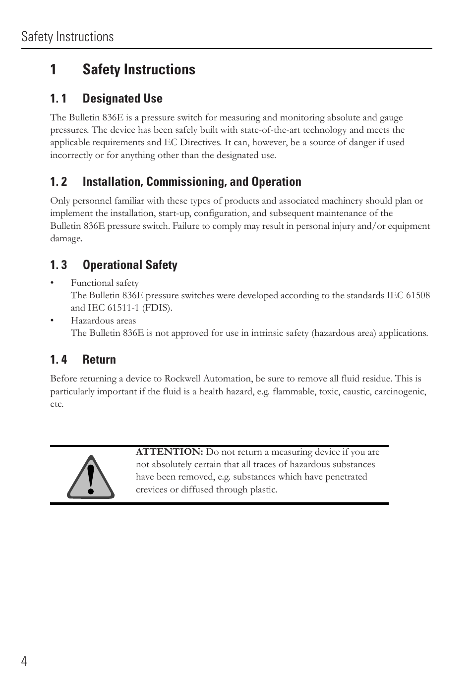 1safety instructions | Rockwell Automation 836E Solid-State Pressure Sensors User Manual | Page 4 / 32