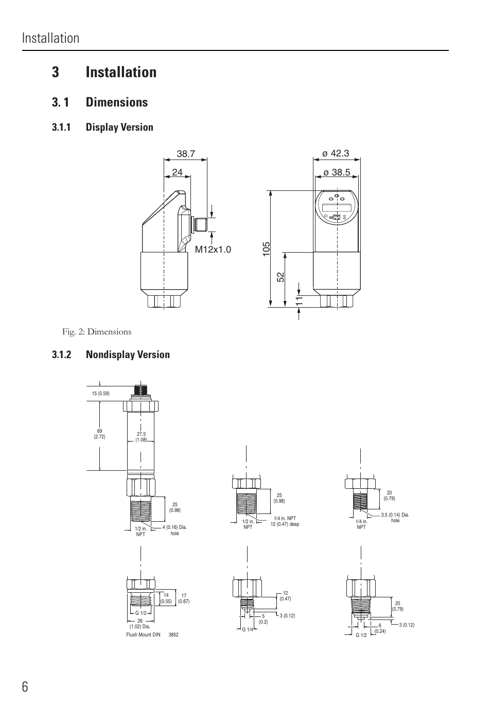 3installation, Installation 6, 1 dimensions | 1 display version, 2 nondisplay version, Fig. 2: dimensions | Rockwell Automation 836E Solid-State Pressure Sensors User Manual | Page 6 / 32