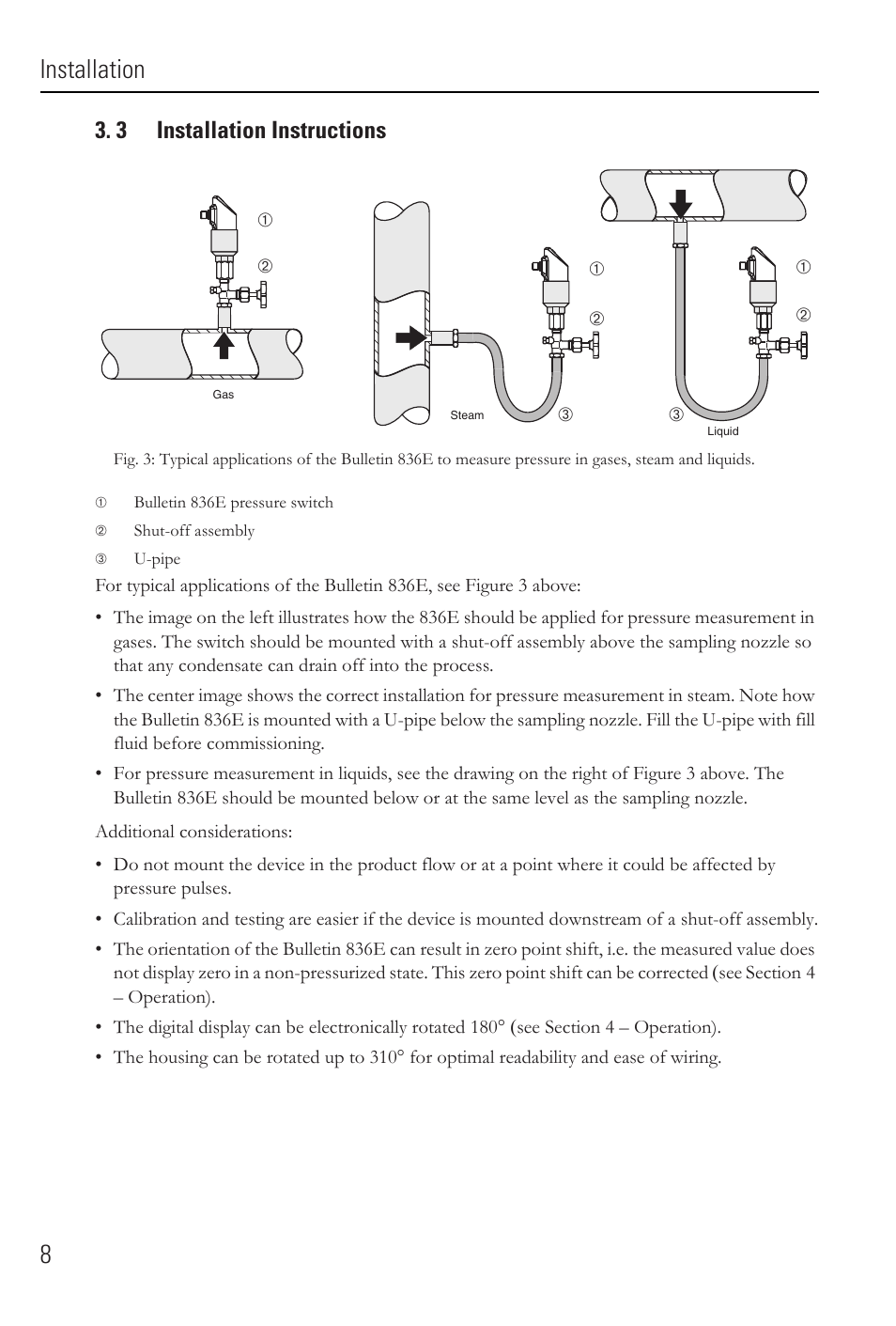 Installation 8, 3 installation instructions | Rockwell Automation 836E Solid-State Pressure Sensors User Manual | Page 8 / 32