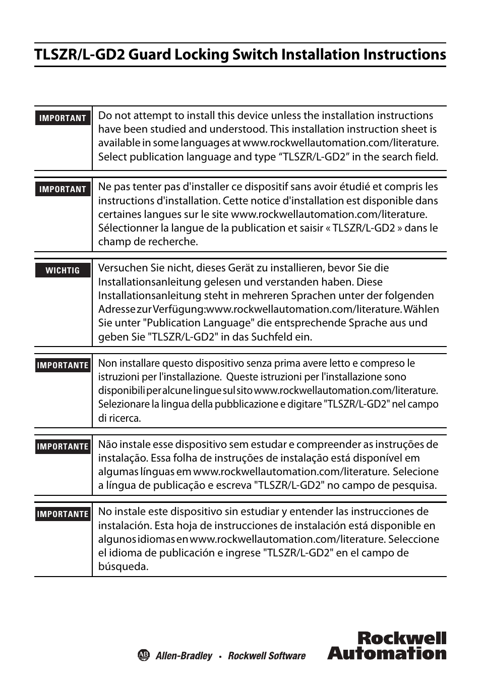 Rockwell Automation 440G-TLSZR-L-GD2 Guard Locking Switch User Manual | 16 pages