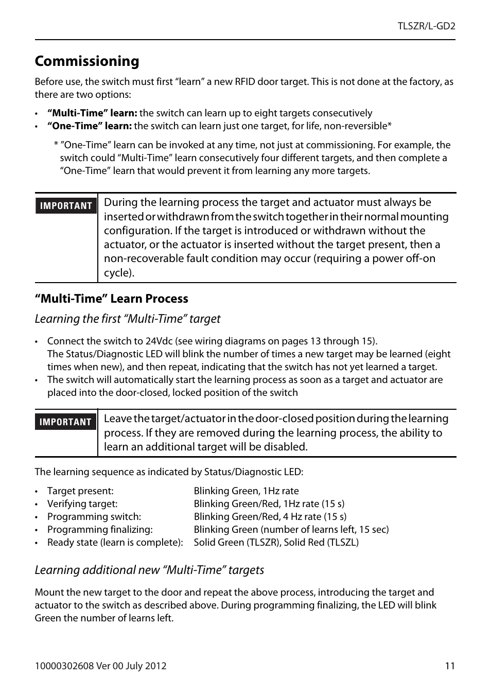 Commissioning, Multi-time” learn process | Rockwell Automation 440G-TLSZR-L-GD2 Guard Locking Switch User Manual | Page 11 / 16