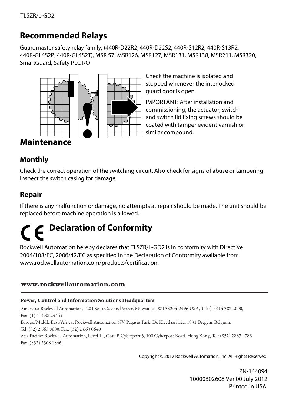 Recommended relays, Maintenance, Monthly | Repair, Declaration of conformity | Rockwell Automation 440G-TLSZR-L-GD2 Guard Locking Switch User Manual | Page 16 / 16