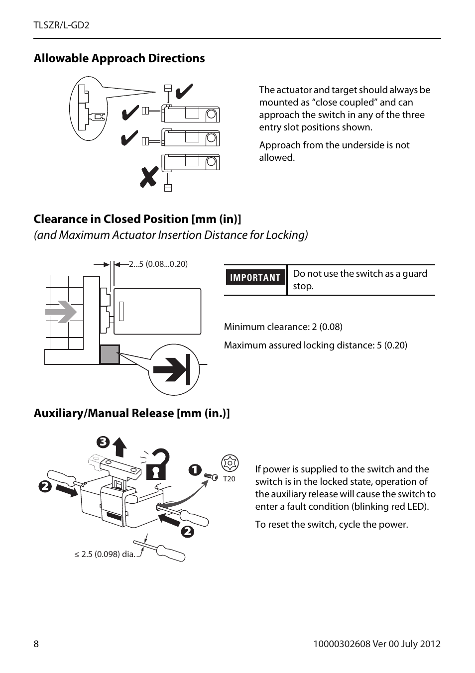 Allowable approach directions, Clearance in closed position [mm (in), Auxiliary/manual release [mm (in.) | Ge 8) | Rockwell Automation 440G-TLSZR-L-GD2 Guard Locking Switch User Manual | Page 8 / 16