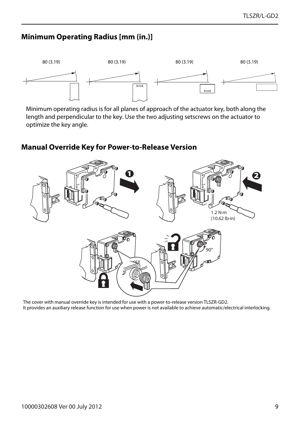 Minimum operating radius [mm (in.), Manual override key for power-to-release version | Rockwell Automation 440G-TLSZR-L-GD2 Guard Locking Switch User Manual | Page 9 / 16