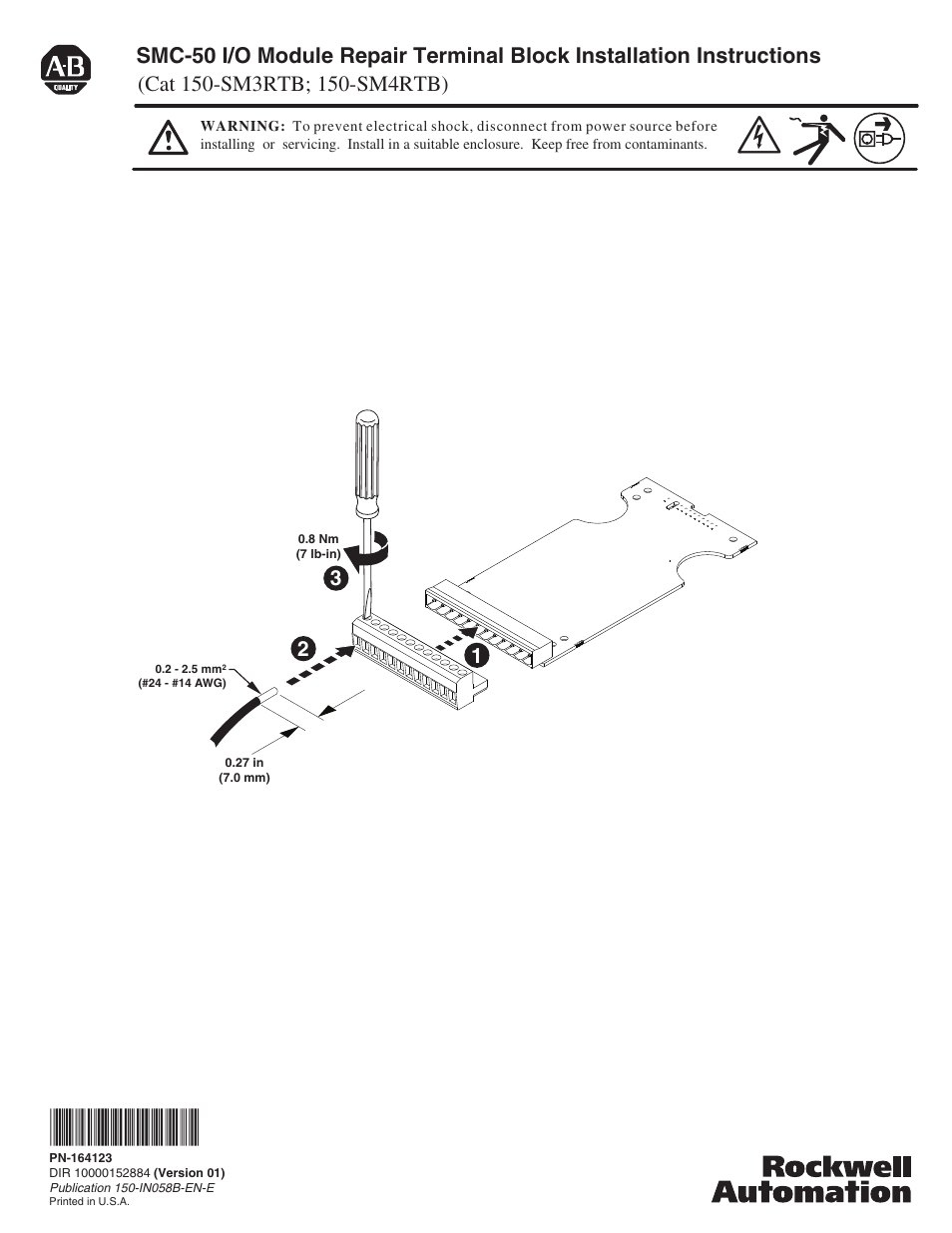 Rockwell Automation 150-SM3RTB SMC-50 Soft Starter I/O Module Repair Terminal Blk Installation User Manual | 2 pages