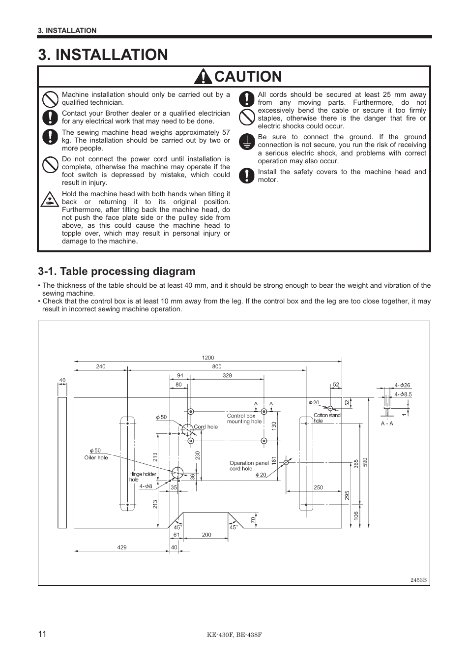 Installation, Caution, 1. table processing diagram | Brother BE-438F User Manual | Page 20 / 90