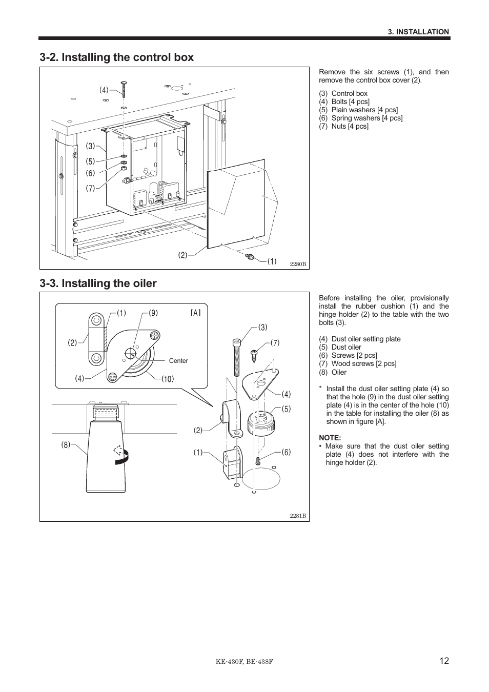 2. installing the control box, 3. installing the oiler | Brother BE-438F User Manual | Page 21 / 90