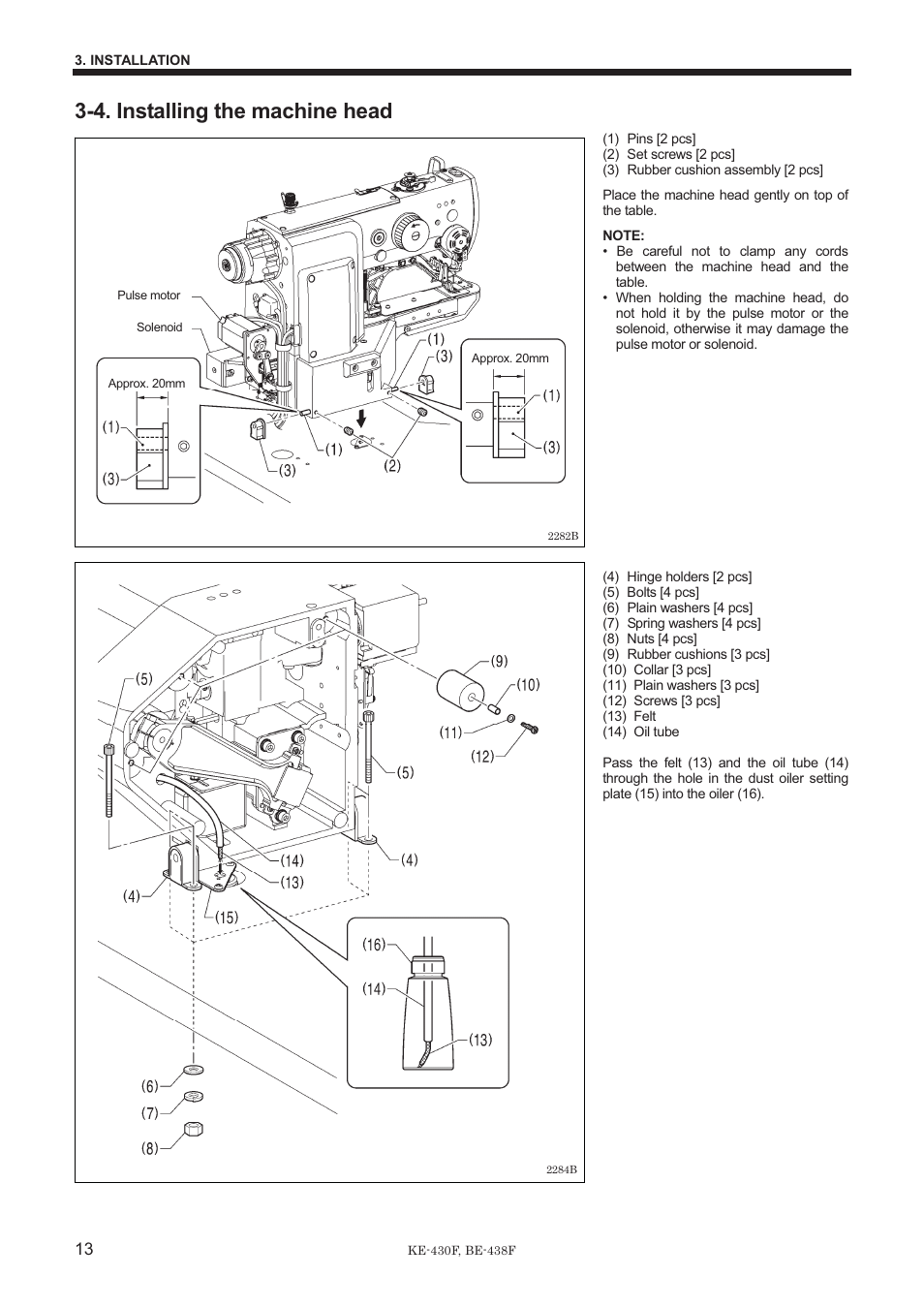 4. installing the machine head | Brother BE-438F User Manual | Page 22 / 90
