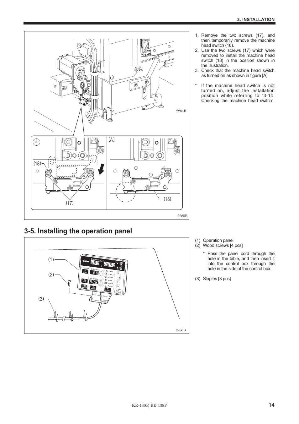 5. installing the operation panel | Brother BE-438F User Manual | Page 23 / 90