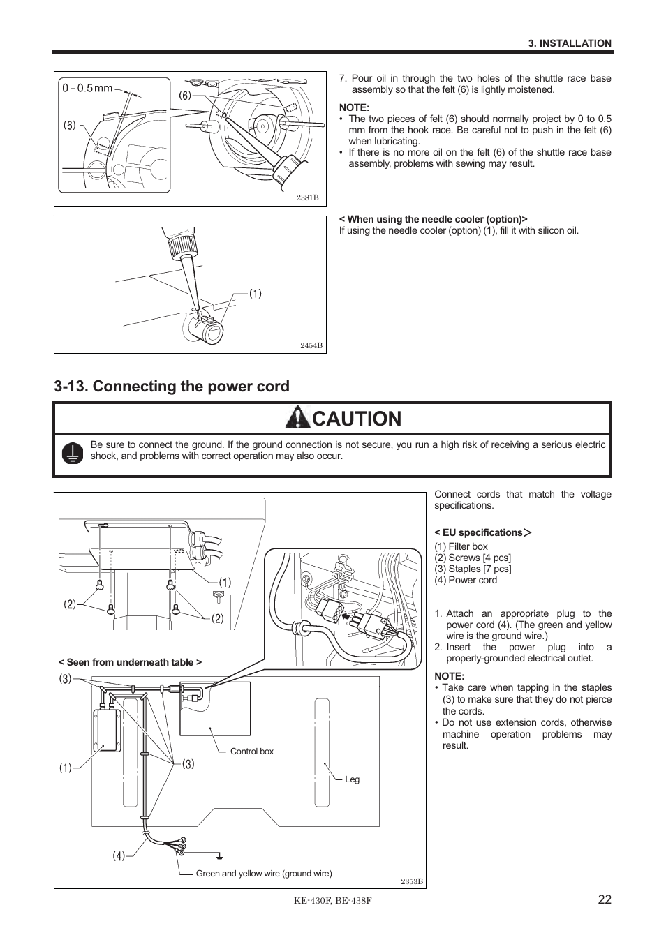 Caution, 13. connecting the power cord | Brother BE-438F User Manual | Page 31 / 90