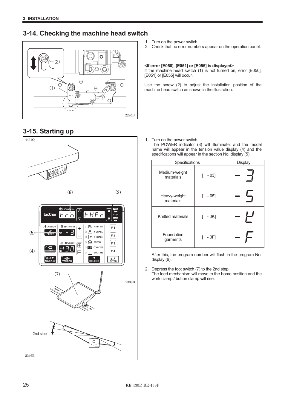 14. checking the machine head switch, 15. starting up | Brother BE-438F User Manual | Page 34 / 90