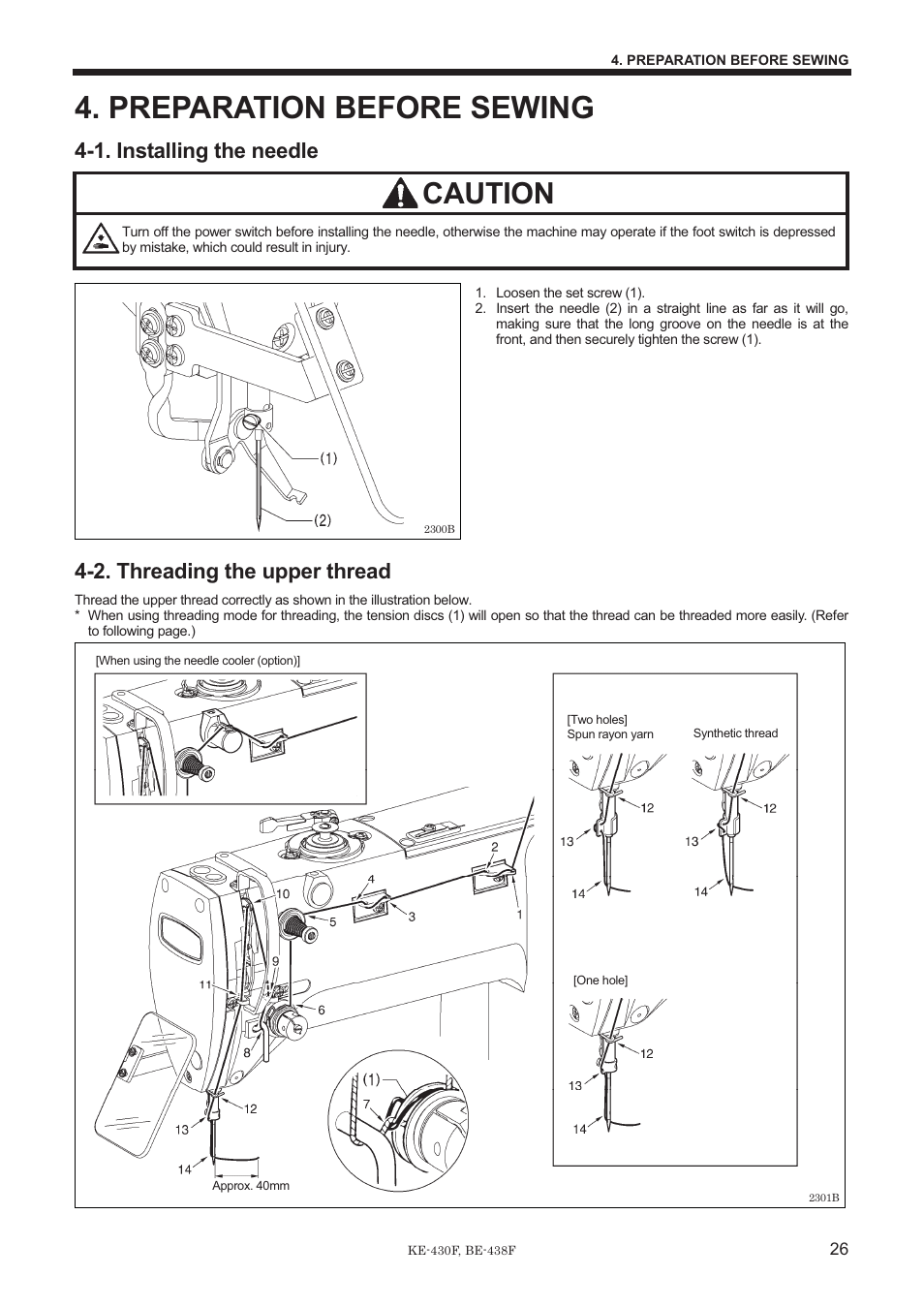 Preparation before sewing, Caution, 1. installing the needle | 2. threading the upper thread | Brother BE-438F User Manual | Page 35 / 90
