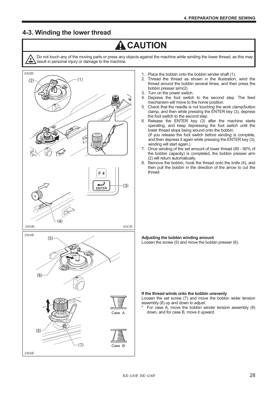 Caution, 3. winding the lower thread | Brother BE-438F User Manual | Page 37 / 90