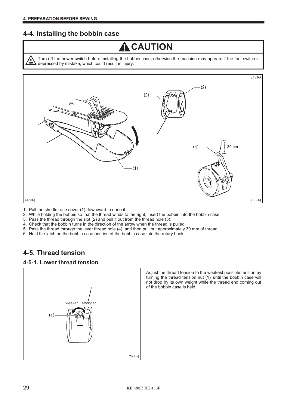 Caution, 4. installing the bobbin case, 5. thread tension | 5-1. lower thread tension | Brother BE-438F User Manual | Page 38 / 90