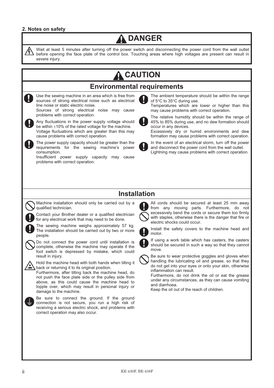Danger, Caution, Environmental requirements | Installation | Brother BE-438F User Manual | Page 4 / 90