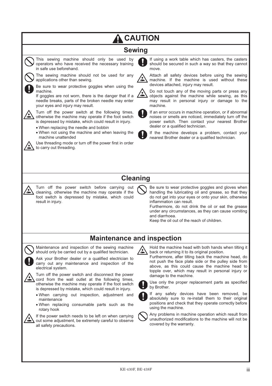 Caution, Sewing, Cleaning | Maintenance and inspection | Brother BE-438F User Manual | Page 5 / 90