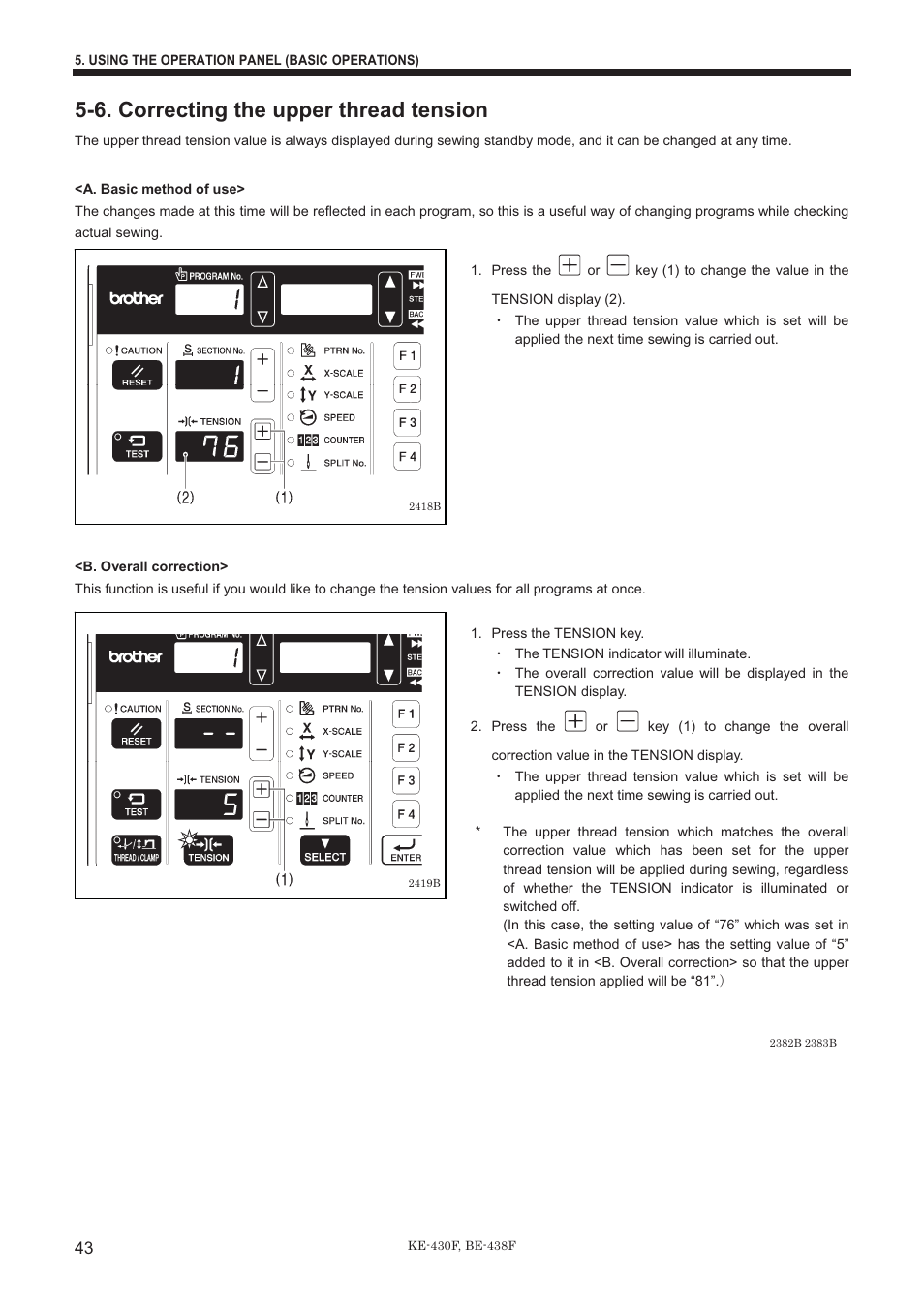 6. correcting the upper thread tension | Brother BE-438F User Manual | Page 52 / 90