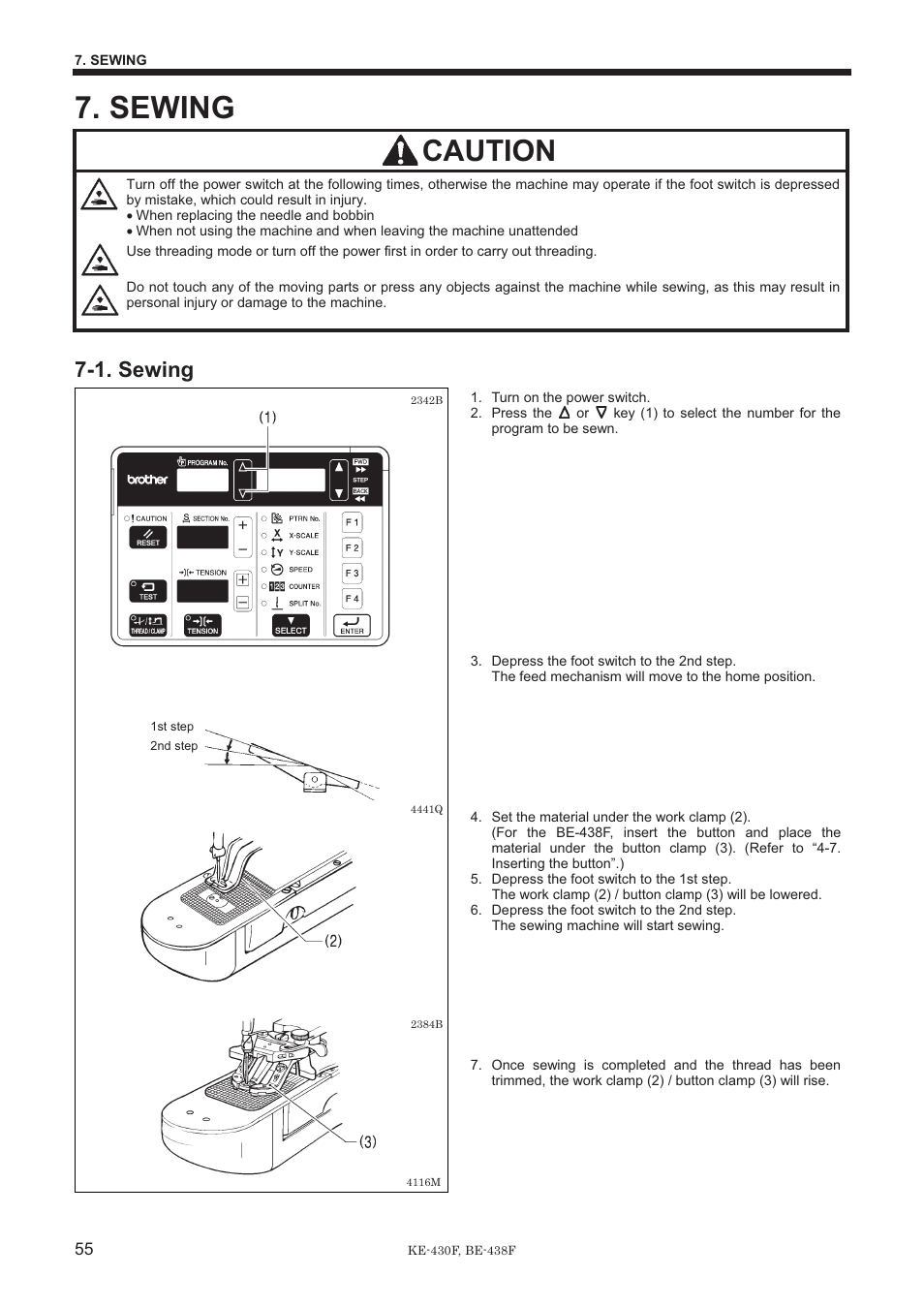 Sewing, Caution, 1. sewing | Brother BE-438F User Manual | Page 64 / 90