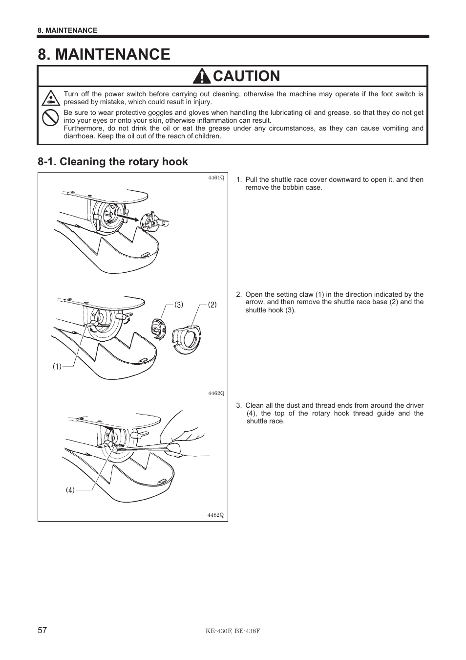 Maintenance, Caution, 1. cleaning the rotary hook | Brother BE-438F User Manual | Page 66 / 90