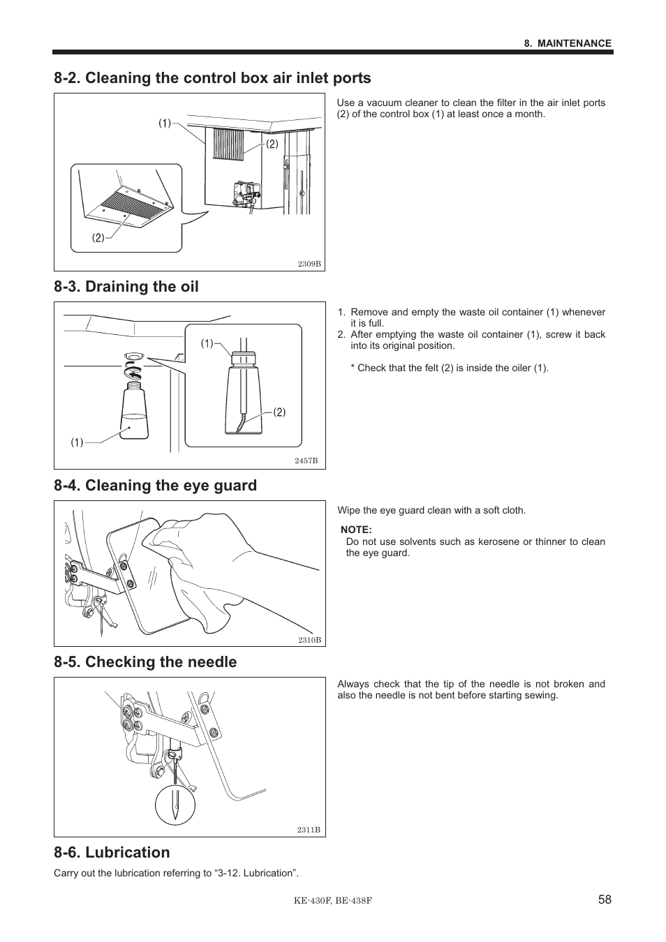 2. cleaning the control box air inlet ports, 3. draining the oil, 4. cleaning the eye guard | 5. checking the needle, 6. lubrication | Brother BE-438F User Manual | Page 67 / 90