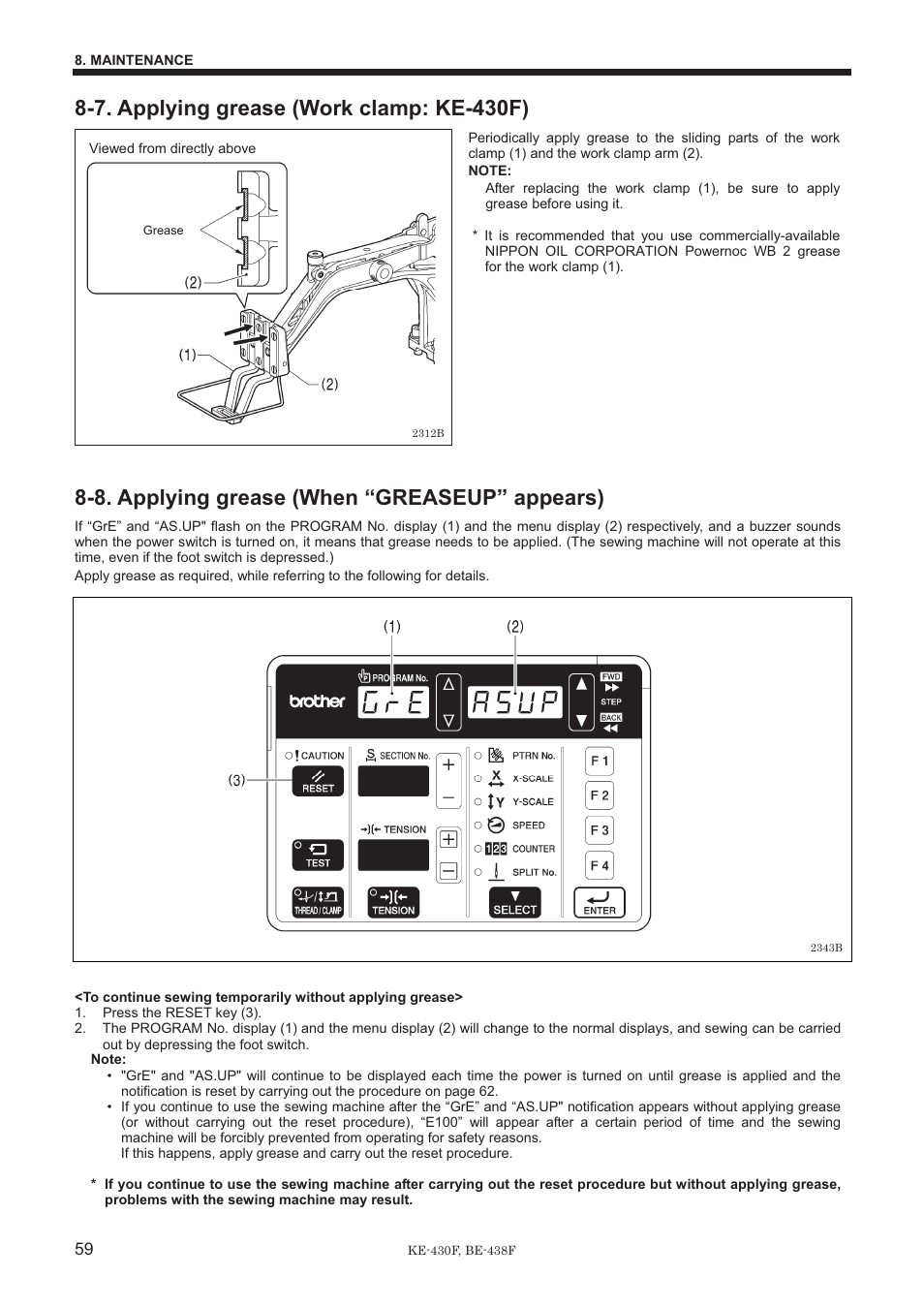 7. applying grease (work clamp: ke-430f), 8. applying grease (when “greaseup” appears) | Brother BE-438F User Manual | Page 68 / 90