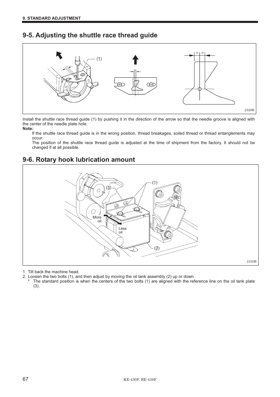 5. adjusting the shuttle race thread guide, 6. rotary hook lubrication amount | Brother BE-438F User Manual | Page 76 / 90