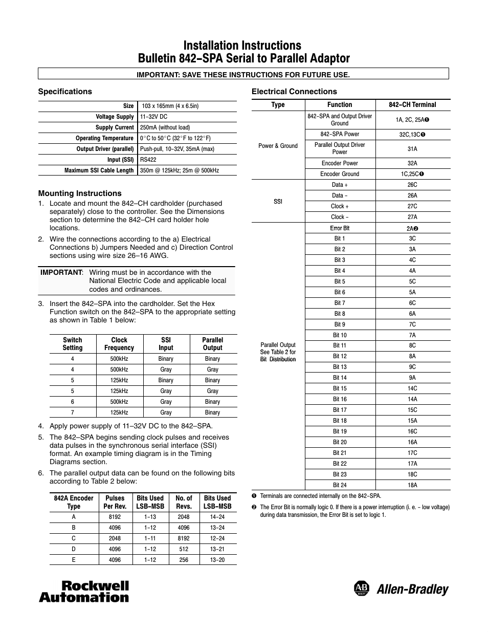 Rockwell Automation 842SPA Serial to Parallel Adaptor User Manual | 2 pages