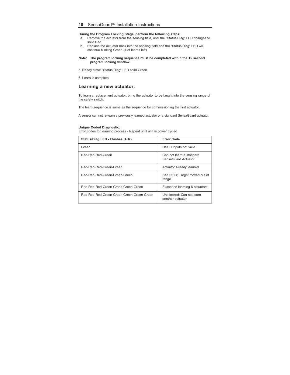 Learning a new actuator, 10 sensaguard, Installation instructions | Rockwell Automation 440N SensaGuard Integrated Latch Unique Coded Installation Instructions User Manual | Page 10 / 20