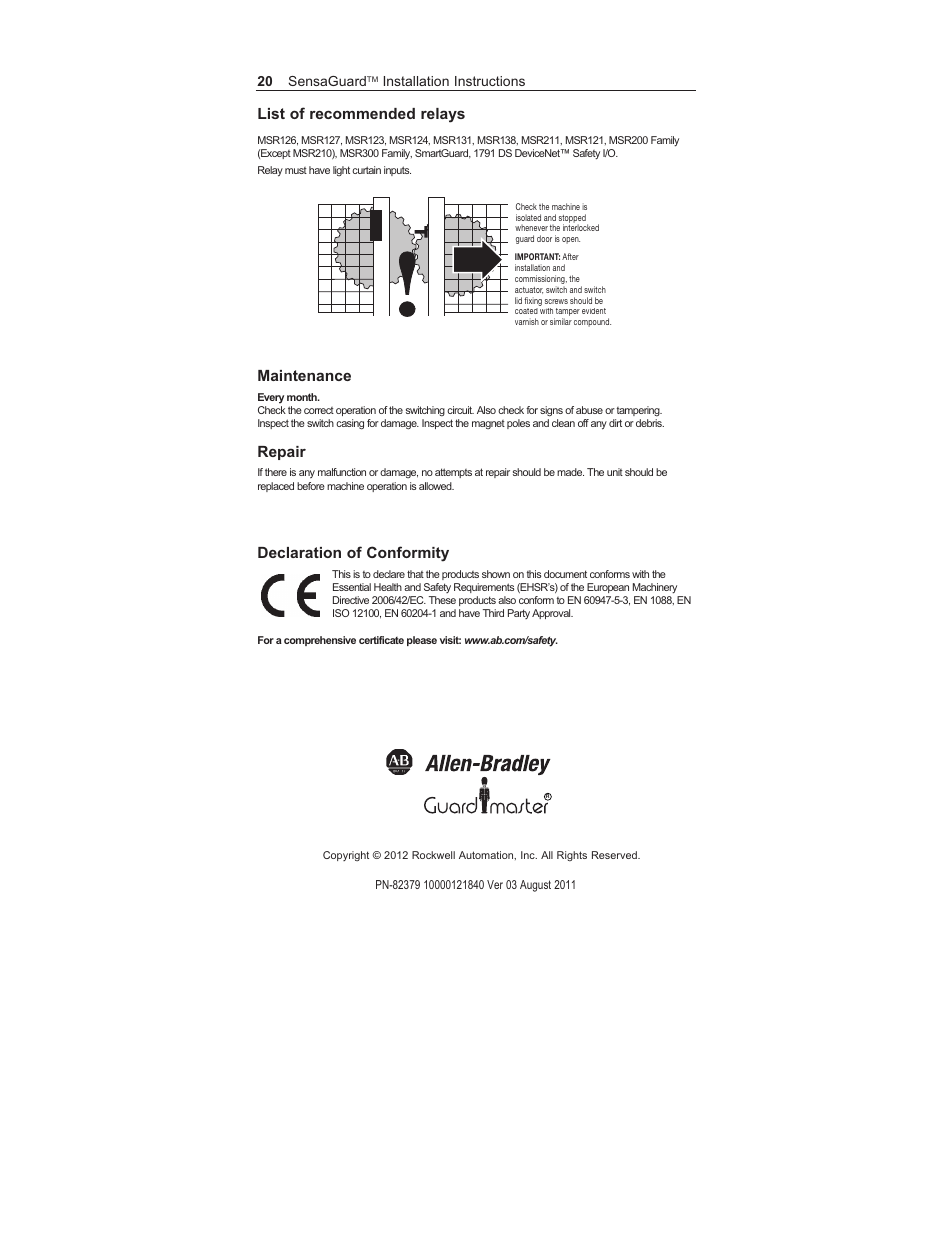 List of recommended relays, Maintenance, Repair | Declaration of conformity | Rockwell Automation 440N SensaGuard Integrated Latch Unique Coded Installation Instructions User Manual | Page 20 / 20