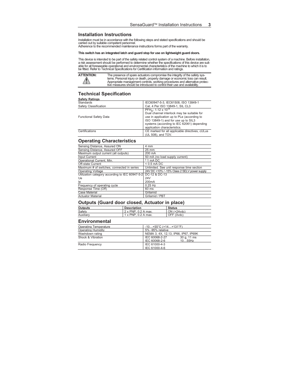 Installation instructions, Technical specification, Operating characteristics | Outputs (guard door closed, actuator in place), Environmental, Sensaguard, Installation instructions 3 | Rockwell Automation 440N SensaGuard Integrated Latch Unique Coded Installation Instructions User Manual | Page 3 / 20