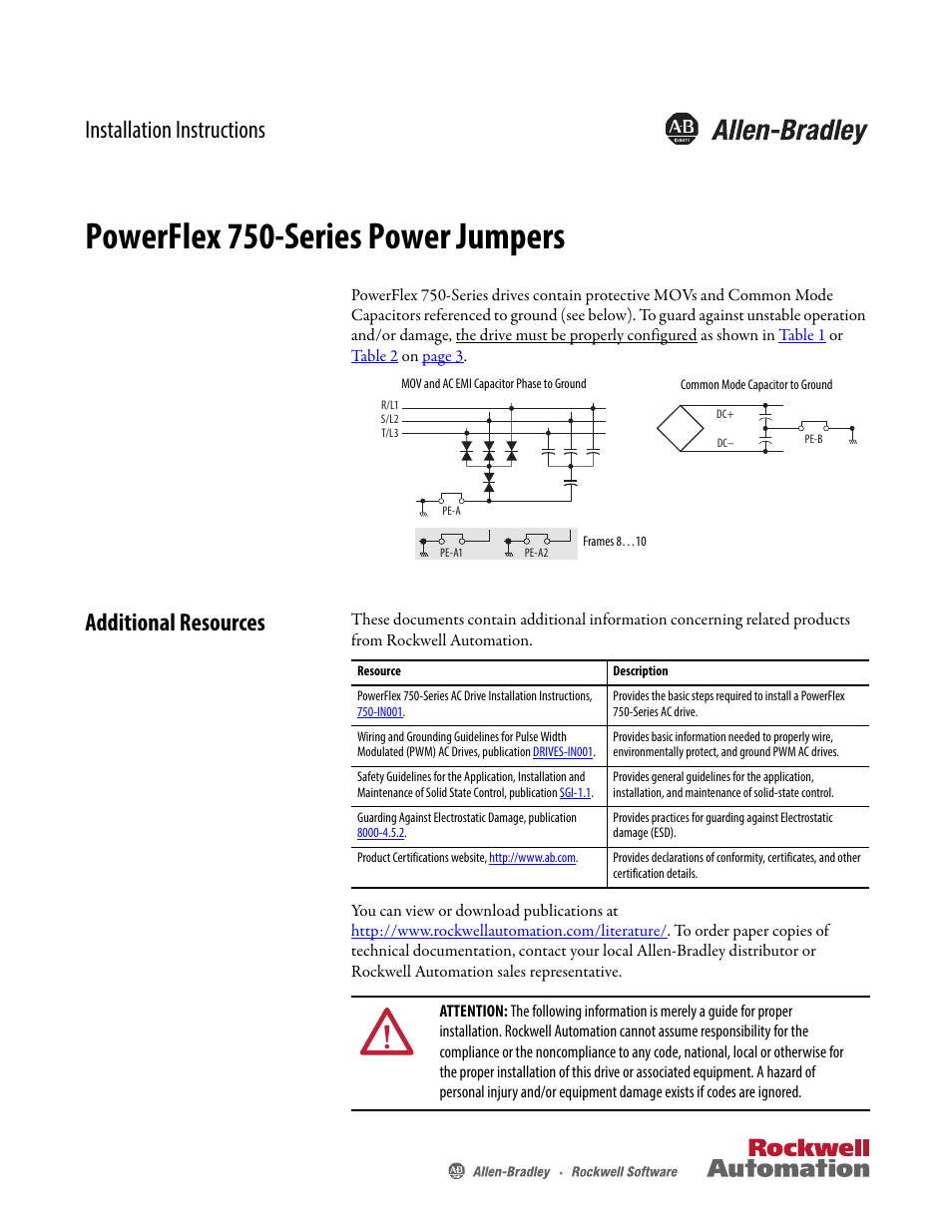 Rockwell Automation 20G PowerFlex 750-Series Power Jumpers User Manual | 8 pages