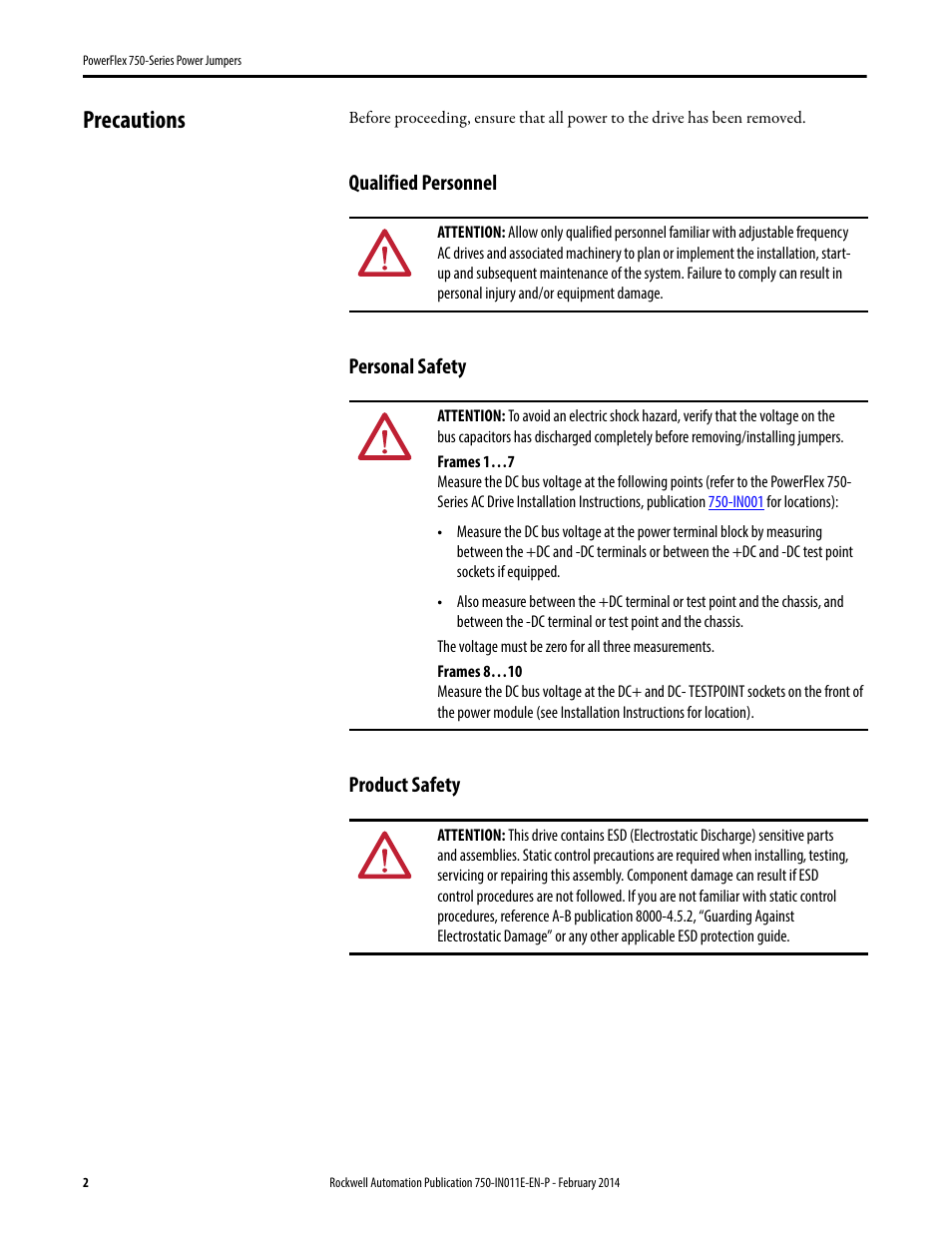 Precautions, Qualified personnel, Personal safety | Product safety, Qualified personnel personal safety product safety | Rockwell Automation 20G PowerFlex 750-Series Power Jumpers User Manual | Page 2 / 8