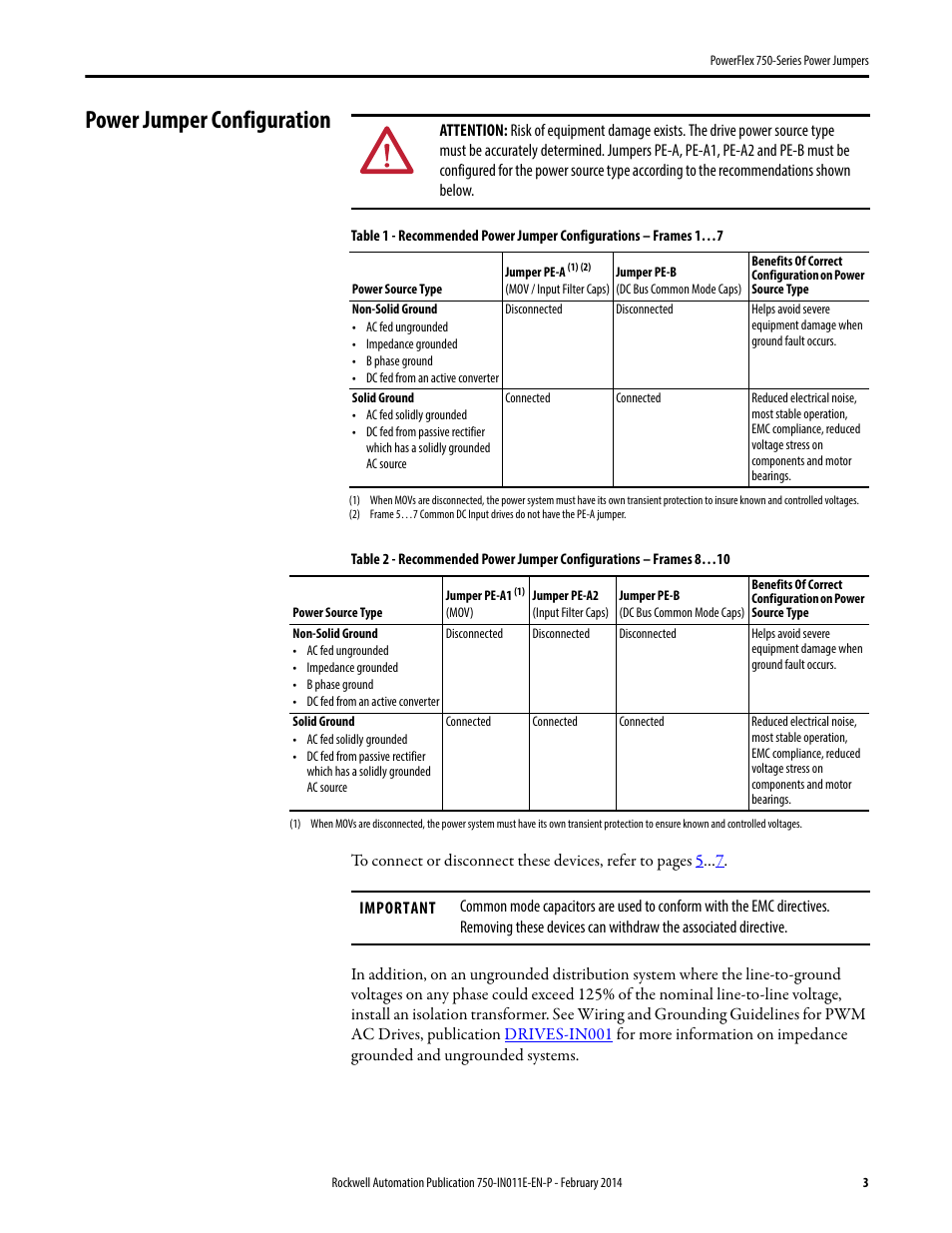 Power jumper configuration, Table 1, Table 2 | Rockwell Automation 20G PowerFlex 750-Series Power Jumpers User Manual | Page 3 / 8