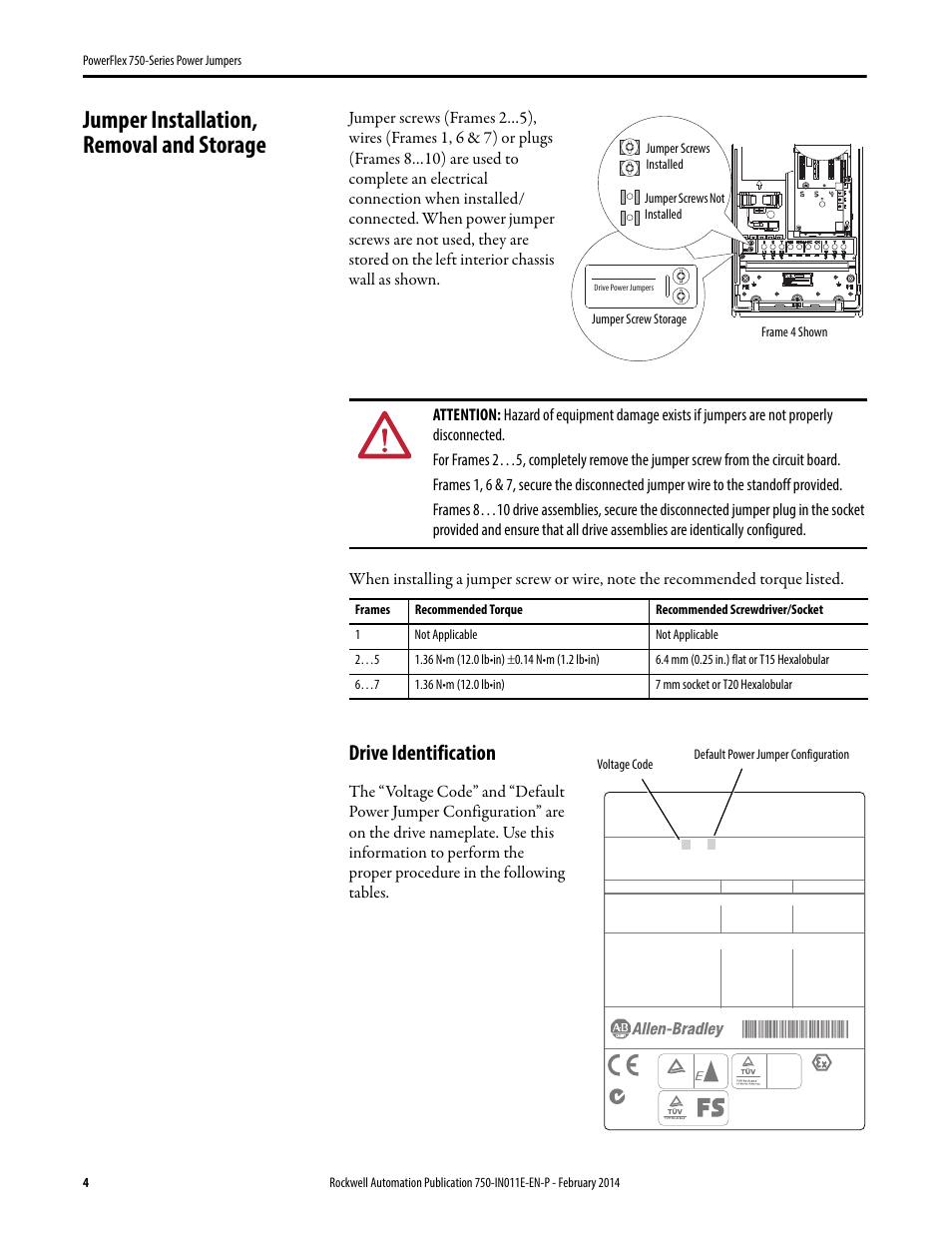 Jumper installation, removal and storage, Drive identification | Rockwell Automation 20G PowerFlex 750-Series Power Jumpers User Manual | Page 4 / 8