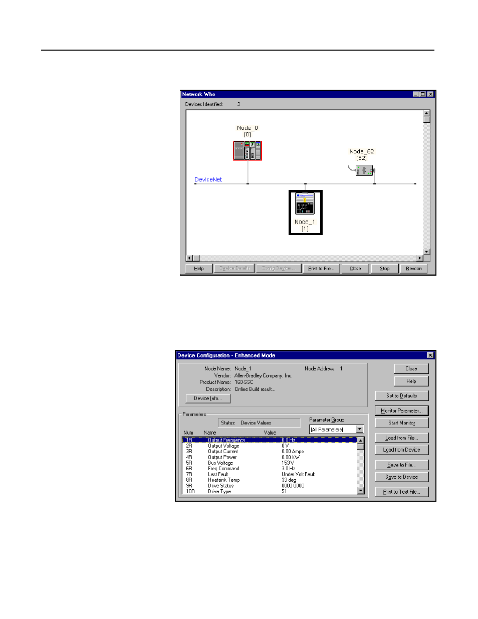 Perform network who, Invoke 160 configuration screen | Rockwell Automation 160 DEVICENET (DN1) MODULE FRN 1-2.XX User Manual | Page 39 / 107