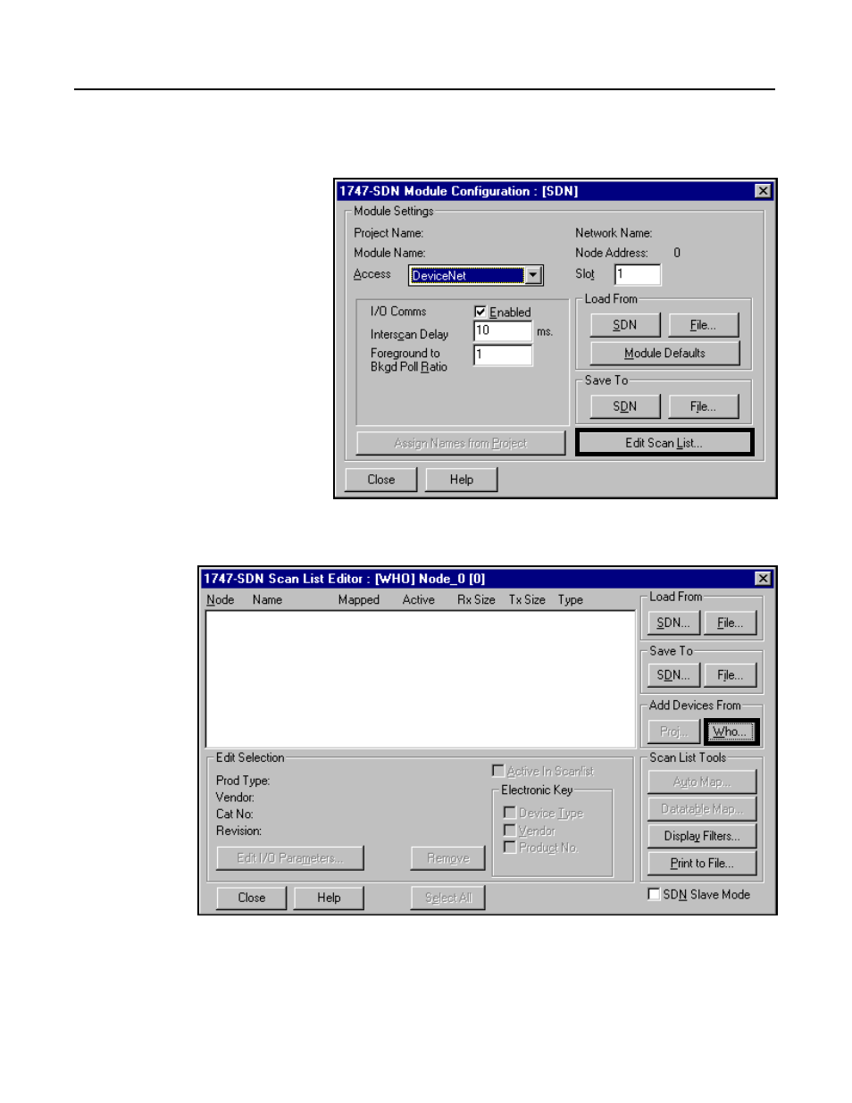 Invoke scanner configuration screens, Set up the scan list, 9 to 6-15) | Rockwell Automation 160 DEVICENET (DN1) MODULE FRN 1-2.XX User Manual | Page 44 / 107