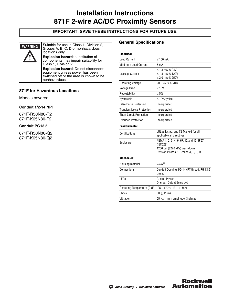 Rockwell Automation 871F 2-wire AC/DC Proximity Sensors User Manual | 2 pages