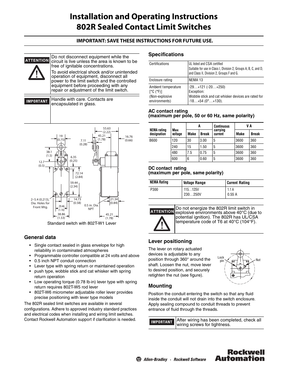 Rockwell Automation 802R Sealed Contact Limit Switches User Manual | 2 pages