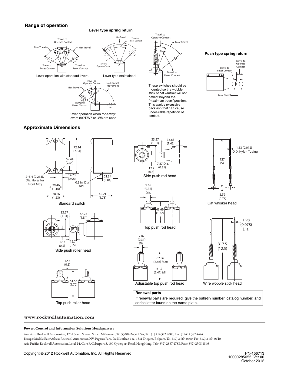 Approximate dimensions, Range of operation | Rockwell Automation 802R Sealed Contact Limit Switches User Manual | Page 2 / 2