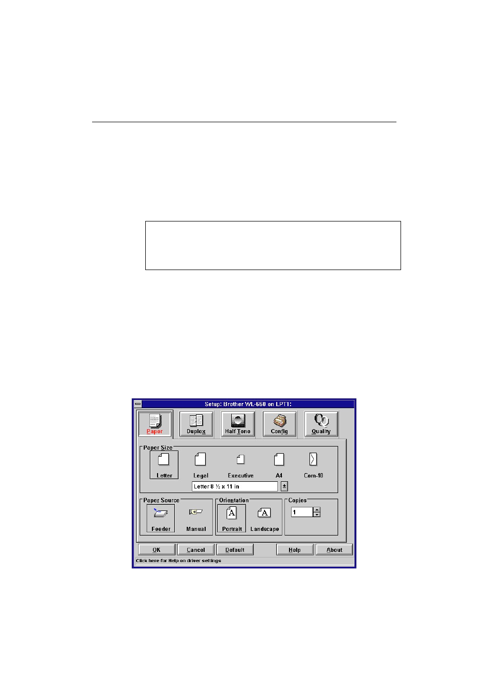 Setup dialog box | Brother WL660 User Manual | Page 32 / 76