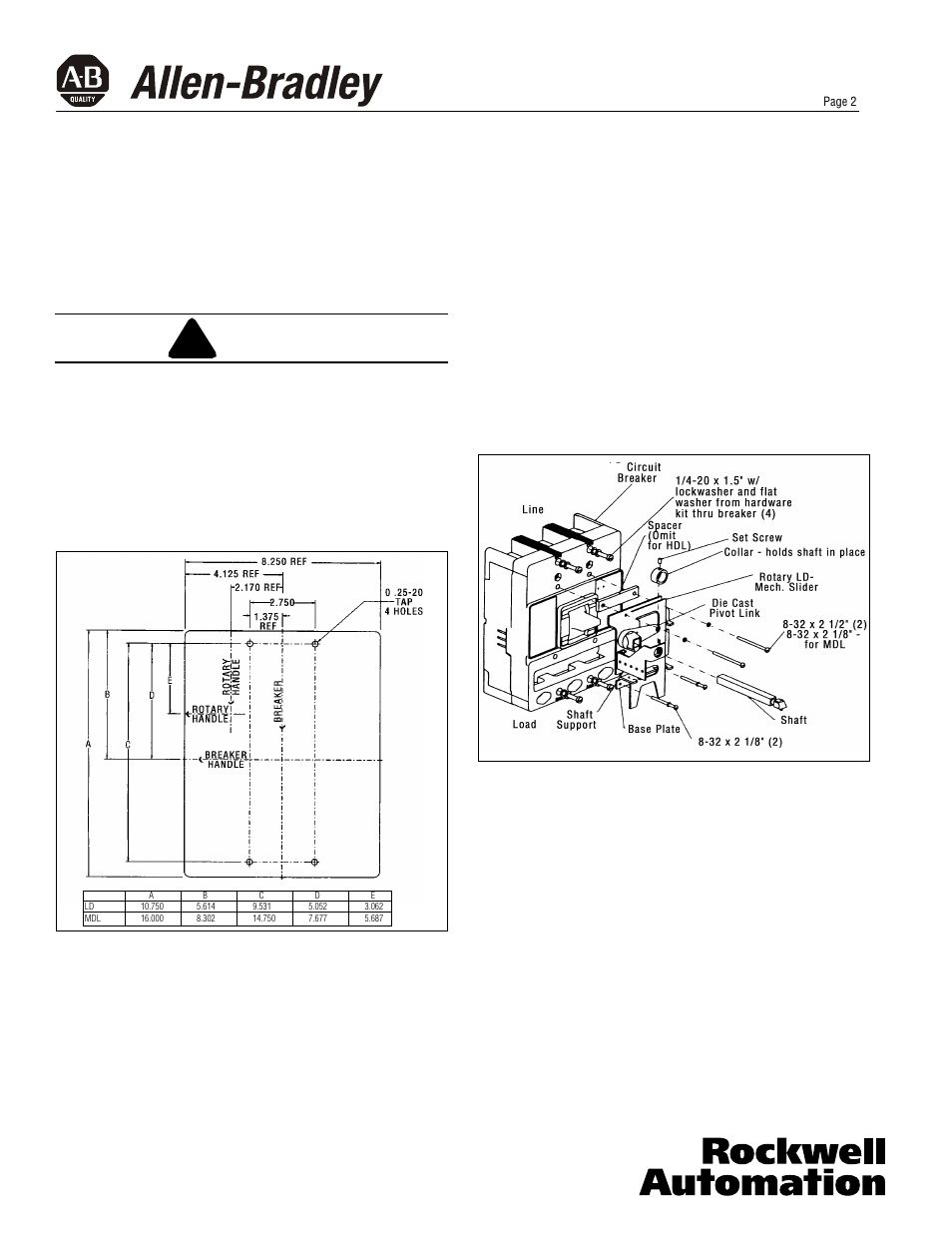 Warning | Rockwell Automation 140U Q, M Frame CB Drilling and Assembling Rotary Handle Mechanism User Manual | Page 2 / 8