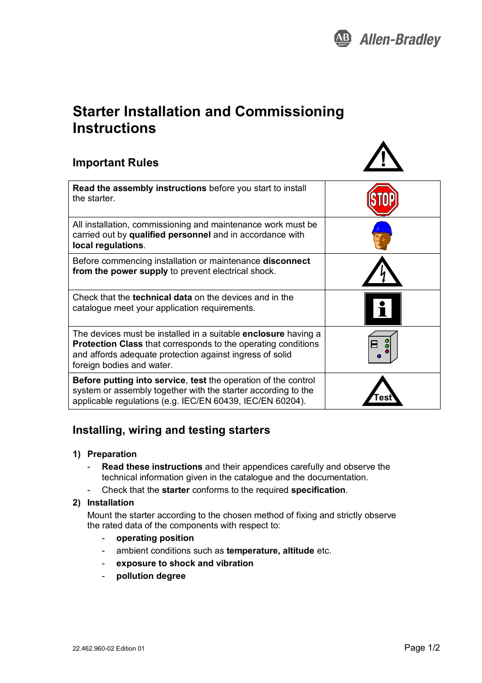 Rockwell Automation 190 Universal Instruction Sheet for Open Type Starters User Manual | 2 pages