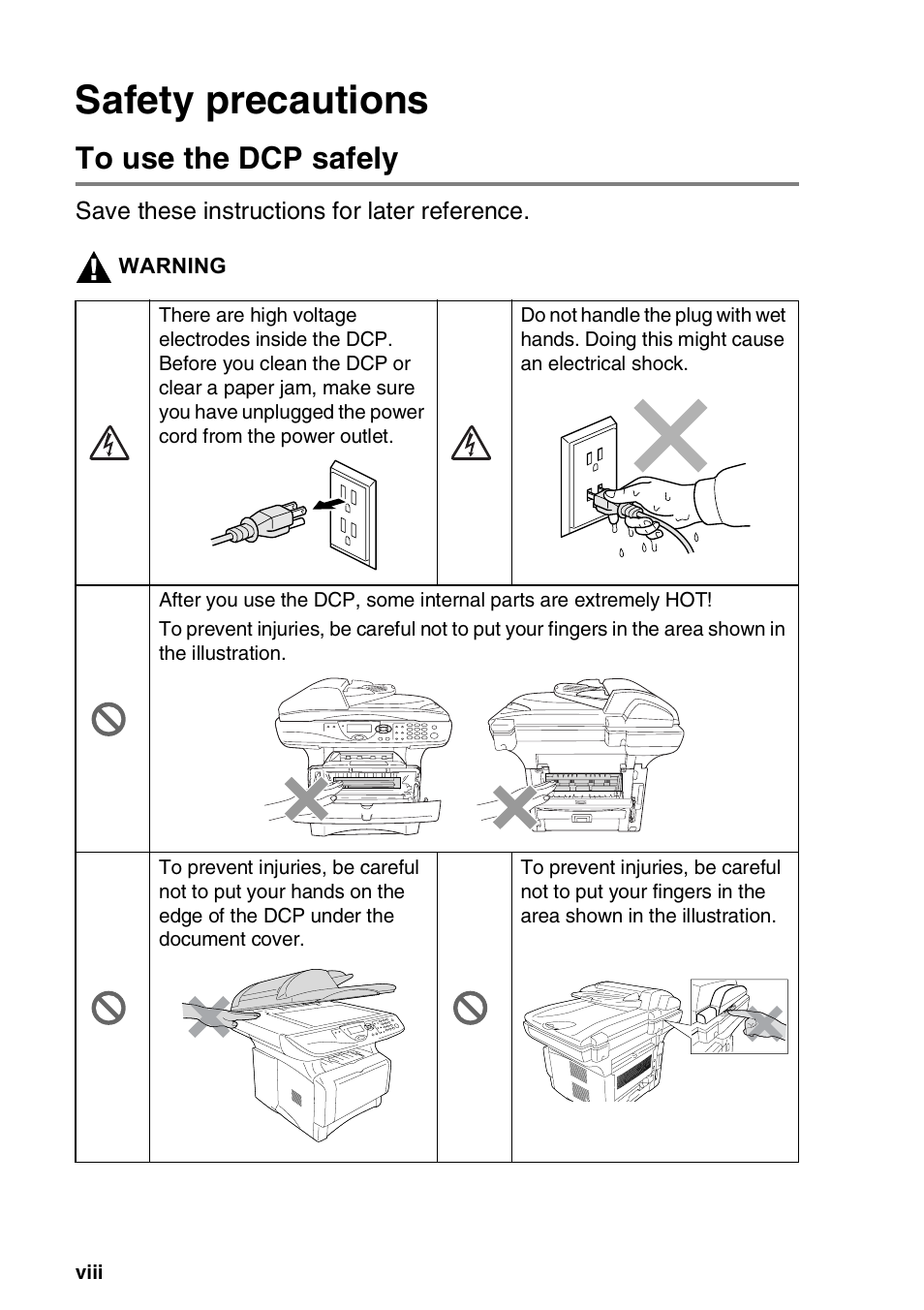 Safety precautions, To use the dcp safely | Brother DCP-8020 User Manual | Page 10 / 282