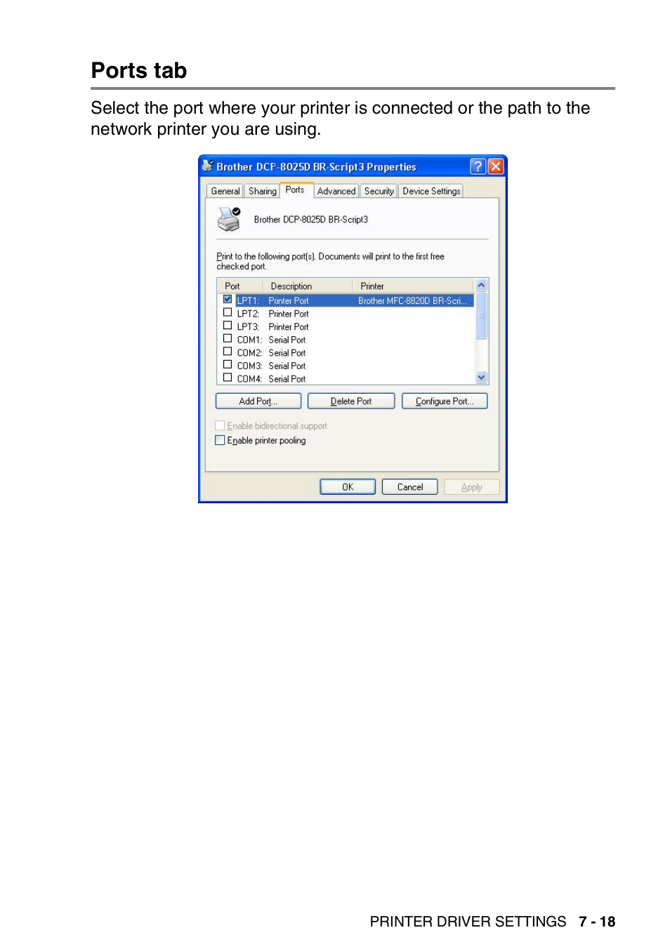 Ports tab, Ports tab -18 | Brother DCP-8020 User Manual | Page 113 / 282