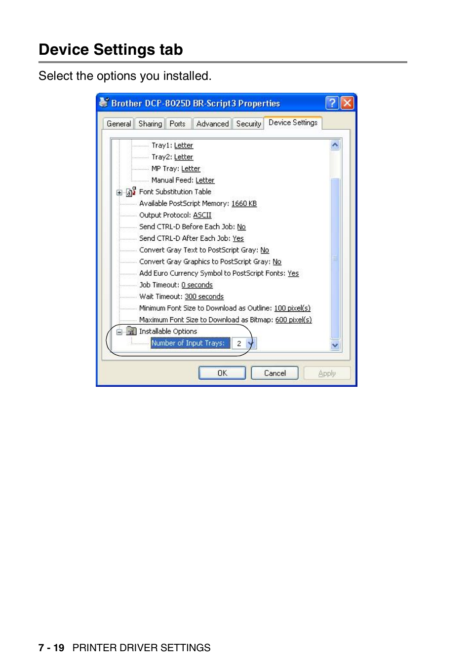 Device settings tab, Device settings tab -19 | Brother DCP-8020 User Manual | Page 114 / 282