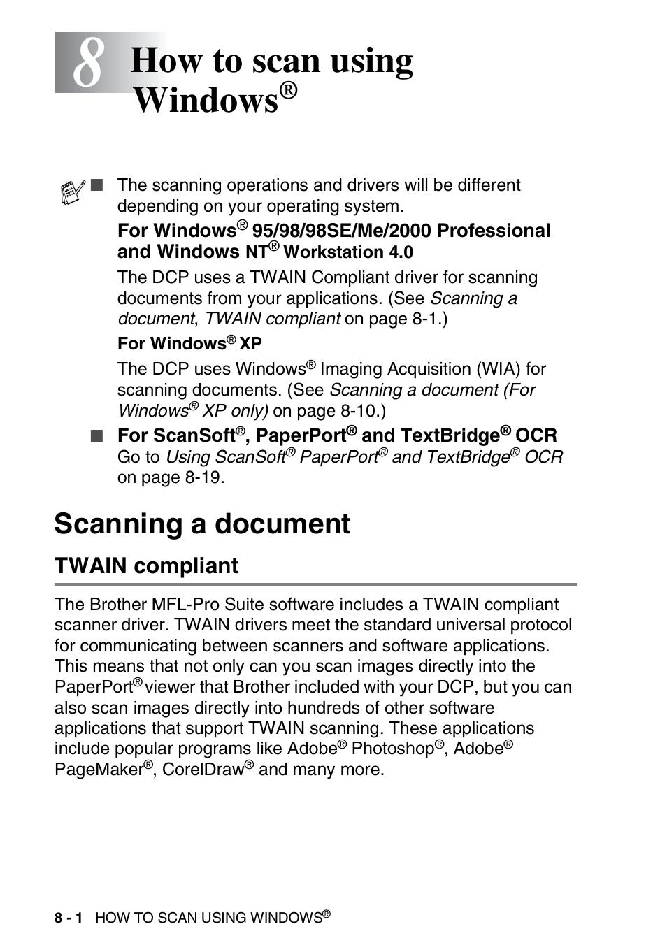 8 how to scan using windows, Scanning a document, Twain compliant | How to scan using windows, Scanning a document -1, Twain compliant -1 | Brother DCP-8020 User Manual | Page 118 / 282