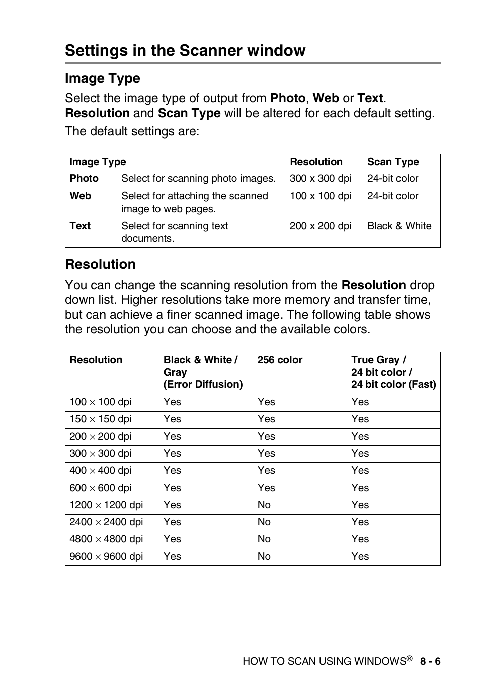 Settings in the scanner window, Image type, Resolution | Settings in the scanner window -6, Image type -6 resolution -6 | Brother DCP-8020 User Manual | Page 123 / 282