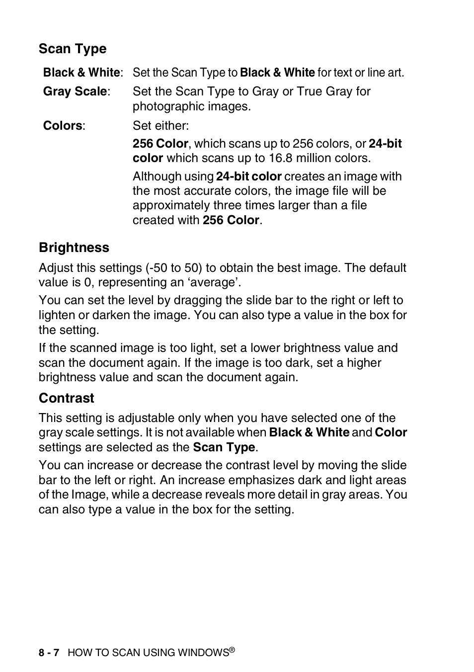 Scan type, Brightness, Contrast | Scan type -7 brightness -7 contrast -7 | Brother DCP-8020 User Manual | Page 124 / 282